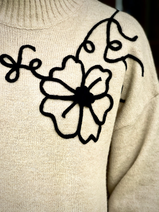 Floral Stitching Mock Neck Sweater