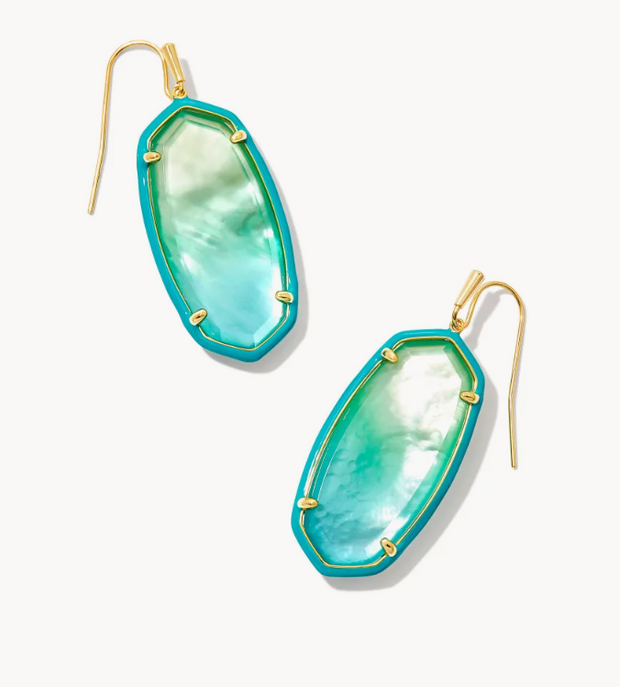 Elle Gold Enamel Framed Drop Earrings in Sea Green Ombre Illusion