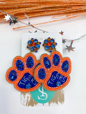 Blue/Orange Tiger Paw Earrings