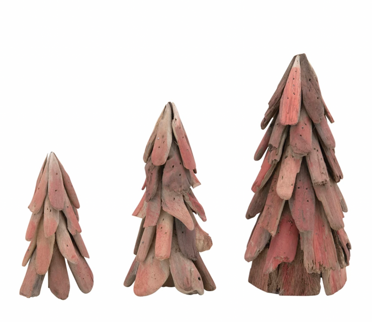 Handmade Driftwood Trees, Faded Red, Set of 3